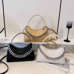 Fashionable Chain Woven Pattern Summer Women’s Crossbody Shoulder Bag with Polyester Lining Elegant Commuting Handbag PU Leather