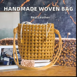 Fashionable Design Handmade Niche Woven Genuine Leather Summer Small Crossbody Bucket Bag for Women