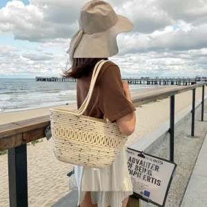 Fashionable Hand Woven Large Capacity Cotton Rope Straw Bag Two Women’s Shoulder Bag for Beach Vacations Casual Occasions