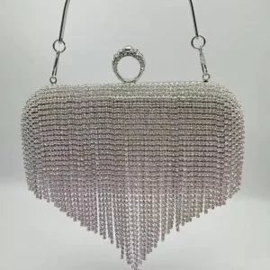 Fashionable Ladies’ Evening Party Tassel Fluffy Heart-shaped PU Leather Bag with Chain Strap 1-1.9L Capacity