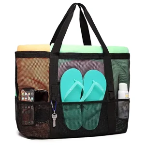 Fashionable Large Mesh Shoulder Tote Bag for Women Summer Travel & Beach Swimming Portable Open Closure Handbag for Beach Stuff