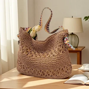 Fashionable Resort Style Straw Bag for Women Trendy Woven Single Zipper Shoulder Bag Oversized Casual Beach Bag