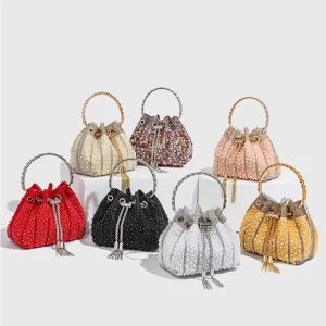 Fashionable Women Chain Crossbody Handbag Pearl Evening Bag Rhinestone Drawstring Bucket Bag Purse with Tassel