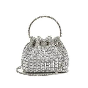 Fashionable Women’s Diamond-Encrusted Crossbody Chain Bucket Bag Geometric Stone Evening Clutch Handbag Polyester Lining