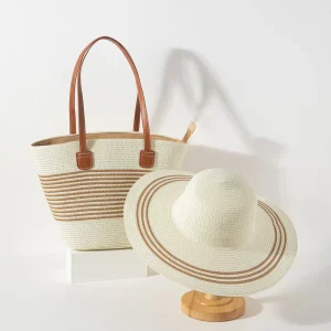 Female Summer Beach Straw Bag Hat Matching Set Elegant Vacation Outfit Seaside Trip Headwear Bulk