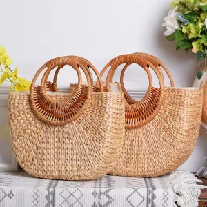 Female Tote Rattan Wicker Bags Handmade Woven Women Bohemian Summer Straw Beach Handbag for Travel Shopping