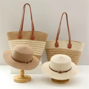 Flat Top Straw Hat Fashion Women Large Capacity Tote Bag Seaside Vacation Tote Beach Shoulder Bag and Straw Hats Set