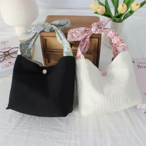 Floral Bow Knot Mini Handbag Vertical Stripes Fabric Shoulder Tote Bag Portable Cosmetic Pouch Women Daily Storage Purse