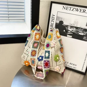 Floral Handmade Straw Woven Open Single Strap Bag for Women Summer Beach Vacation Versatile Shoulder Crossbody Bag