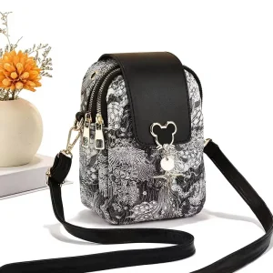 Floral Print Mini Crossbody Phone Bag for Women Triple Zipper Vertical Shoulder Purse Elegant Lady Small Travel Pouch Wallet Bag