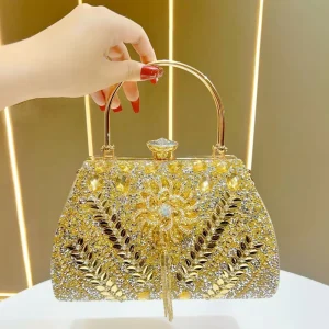Floral Rhinestone Evening Clutch Bag Metal Handle Detachable Chain Strap Formal Party Purse