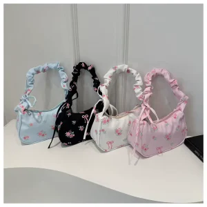 Floral Ruched Handle Shoulder Bag Women Cute Vintage Style Small Handbag Crossbody Purse