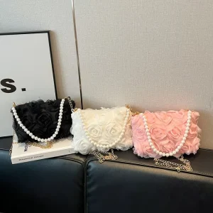 Flower Pearl Chain Handbag Women Elegant Evening Clutch Bag Fashion Crossbody Shoulder Purse for Wedding & Daily
