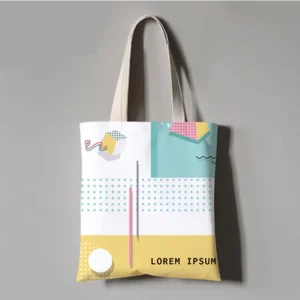 Foldable Lightweight Cotton Shopping Bag with Long Handle Compact Reusable Tote Letter Pattern