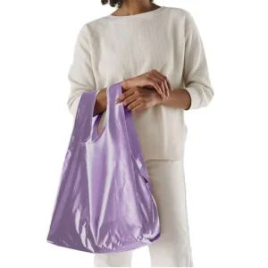 Foldable Recycle Long Handle Eco Bag Purple Recyclable Custom Logo Design Tote Bag Metallic Metal Shopping Bags For Women