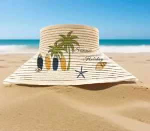 Foldable Straw Visor Hat Coconut Tree Letter Print Open Top Beach Sun Hat Portable Woven Summer Cap for Women