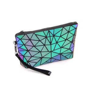 Foldable Travel Cosmetic Bag Reflective Geometric PU Fashion Zipper Pouch Purses for Women with Wrist Strap