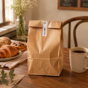 Food Grade Recyclable Compostable SOS Kraft Paper Bags Flexiloop Handle Custom Logo Option for Bakery Snack Cookie Packaging