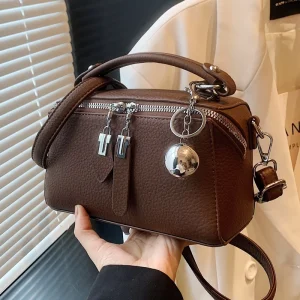 Foreign Trade Fashion Texture PU Handbag Women’s New Style Retro Simple Boston Shoulder Crossbody Zipper Medium Square Bag