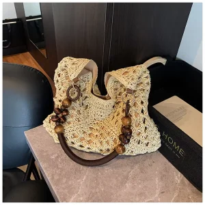 Foreign Trade Woven Straw Tote Bag Womens Large Capacity Casual Holiday Beach Bag Polyester Magnetic Clasp