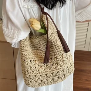 Forest-style Hollow-out Straw Bag Women Tassel Weaving Large-Capacity Beach Vacation Seaside Shoulder Bag