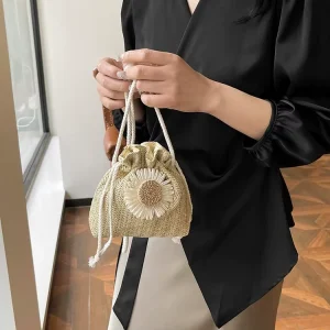 Forest style Woven Flower Fashion Bucket Bag Women Straw Crossbody Single shoulder Diagonal Portable Daily Use Bag
