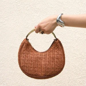 French Mature Style Brown Herringbone Woven Straw Crescent Handbag Curved Metal Ring Handle Raffia Hobo Bag Bohemian Summer Tote