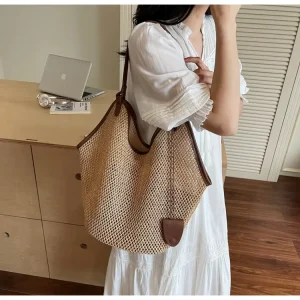 French Style Straw Bag Summer Holiday Woven Medium Capacity Polyester Lining Handbag Casual Shoulder Tote Bag