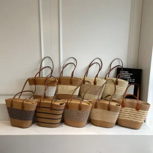 French Style Summer Tote Bag for Women Grass Woven Striped Design Large Capacity Open Shoulder Bag Embroidery for Seaside Beach