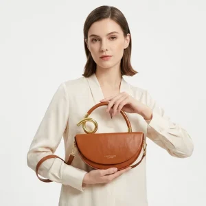 French Style Women Half Moon Handbag Luxury Brown Pu Leather Shoulder Crossbody Bag for France Market