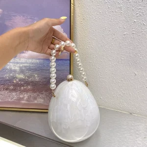 French Women Acrylic Egg Bag Pearl Evening Clutch Bag with Beaded Strap for Wedding Party Luxury Purse and Handbag Christmas