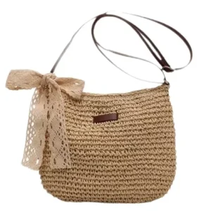 French style Straw Bag for Women Spring Trendy Versatile Crossbody Beach Forest style Woven Bag Polyester Lining Zipper