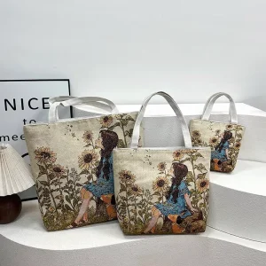 Full Printed Letter Pattern Custom Made Canvas Cotton Tote Shopping Bag with Shoulder Strap Medium Size