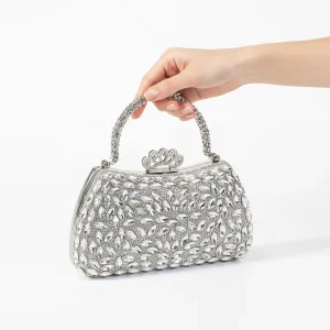 Full Rhinestone Curved Evening Bag Marquise Leaf Crystal Diamond Handle Crown Women Party Purse for Wedding Prom