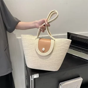 General Merchandise Versatile Cotton Rope Single-Shoulder Straw Bag for Women New Large-Capacity Striped Woven Bag for Women B