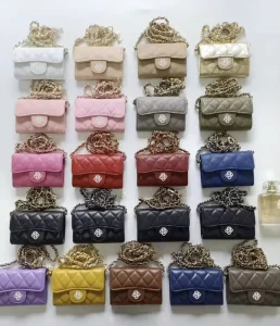 Genuine Caviar Leather Mini Crossbody Bag Women Chain Waist Pouch Coin Purse Diamond Pattern Zip Closure Polyester