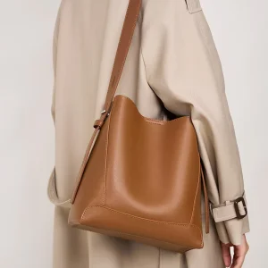 Genuine Leather Brown Bucket Bags Durable Shoulder Underarm Tote Handbags for Women with Zipper Closure