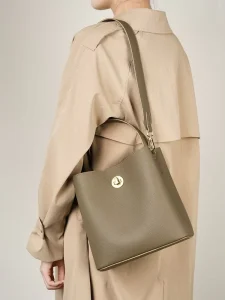 Genuine Leather Bucket Bag Luxury Litchi Grain Women Shoulder Bag Minimalist Cowhide Crossbody Handbag Premium Daily Tote