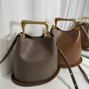 Genuine Leather Plain Handbag Cowhide Bucket Bag for Women Custom Logo Sling Bag for Women