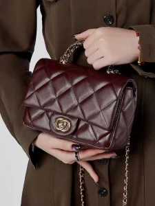 Genuine Leather Quilted Chain Bag Women Small Top Handle Shoulder Bag Urban Style