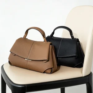 Genuine Leather Top Handle Bag Structured Flap Handbag Elegant Minimalist Women Office Work Designer Style