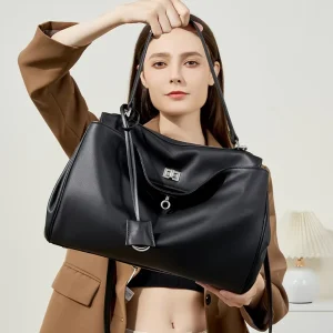 Genuine Leather Tote Bag Women Office Career Trapezoid Shoulder Bag Briefcase Structured