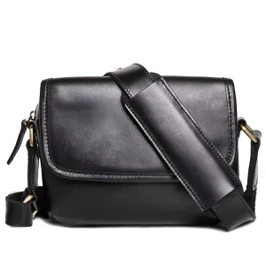 Genuine Leather Unisex High Quality Vintage Black Shoulder Bag Retro Messenger Crossbody Zipper Closure
