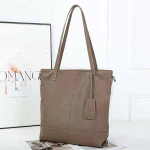 Genuine Leather Women Shoulder Tote Bag Large Capacity Casual Commute Handbag Water Resistant Taupe Brown Daily Shopping Work