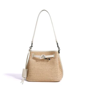 Genuine Leather Woven Bag Beach Travel Women’s Shoulder Bag Large Capacity Cowhide Leather Straw Crossbody Bag