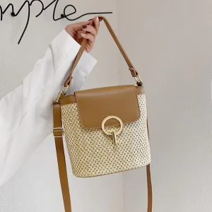 Girls Crossbody Woven Straw Bag Two Shoulder Straps Women’s Handbag Rattan Fashionable Bucket Bag Lock Closure Bag