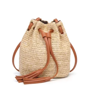 Girls Natural Straw Bucket Beach Bag Straw Crossbody Bag Small Reusable Straw Bag