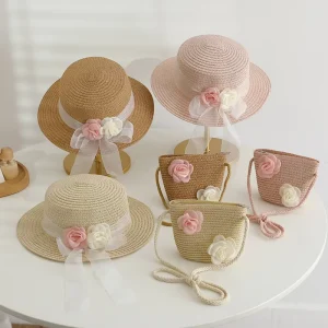 Girls Summer Rose Streamer Straw Hat Bag Set Girls Cute Beach Fisherman Hat Girls Sunshade Sun Hat