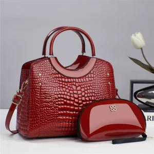 Glossy Leather Handbags Charm Metal Grip Shoulder Handbags Women Satchel 2 Pieces Set Tote Bags for Ladies