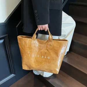 Glossy TPU Tote Bag Embossed Letter Design Customizable Large Capacity Shopping Minimalist Fashion Everyday Hand Carry Zipper